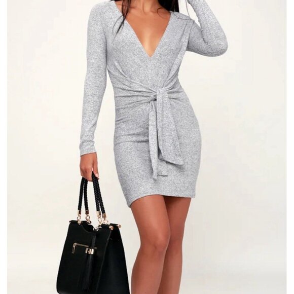 Free People Dress Womens XS Ginger Heather Gray Cozy  Tie Front Vneck Long Slv - Picture 1 of 7